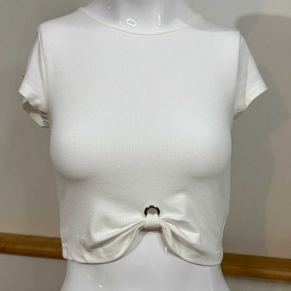 Elodie White Ribbed Crop Top with knot look Silver Ring Accent.